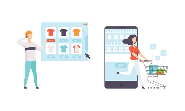 Achats en ligne mobiles, personnes achetant des vêtements et des cosmétiques dans les boutiques en ligne Utilisation de smartphones Illustration vectorielle plate — Image vectorielle