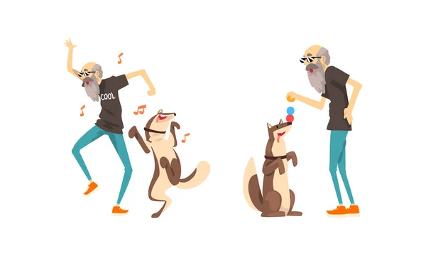 Viejo Jugando y Bailando con su Set de Perros, Hombre Solitario Senior Divirtiéndose con su Animal de Mascotas Dibujos Animados Vector Ilustración — Vector de stock