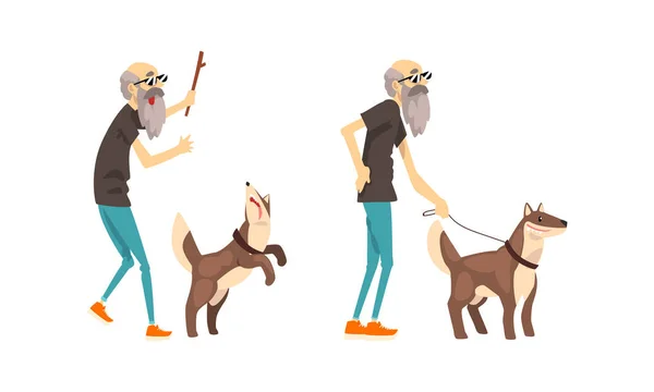 Old Man Περπάτημα με το Σετ Σκύλων του, Μοναχικός πρεσβύτερος άνθρωπος έχοντας καλή στιγμή με το κατοικίδιο ζώο γελοιογραφία εικονογράφηση διάνυσμα — Διανυσματικό Αρχείο