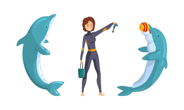 Dolphinarium Trainer Alimentazione delfino con pesci, delfinario o Oceanarium Concetto Cartoon Vector Illustrazione — Vettoriale Stock