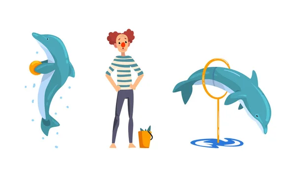 Clown trainiert Delfine im Delfinarium oder Ozeanarium Cartoon Vector Illustration — Stockvektor