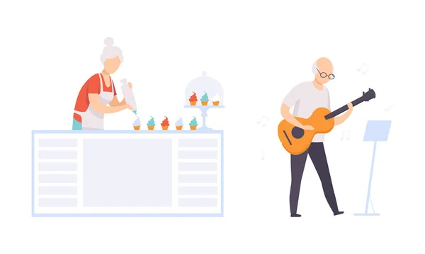 Conjunto de pasatiempos para personas mayores, Cupcake para hornear para mujeres mayores, Hombre mayor tocando la guitarra, Ilustración de vectores planos de concepto de estilo de vida activo — Vector de stock