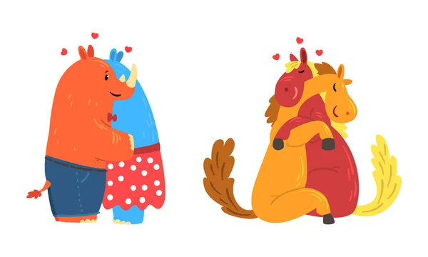 Animal Couples in Love Set, Cute Romantic Rhino and Horse Characters Hugging Cartoon Vector Illustration — Stock Vector