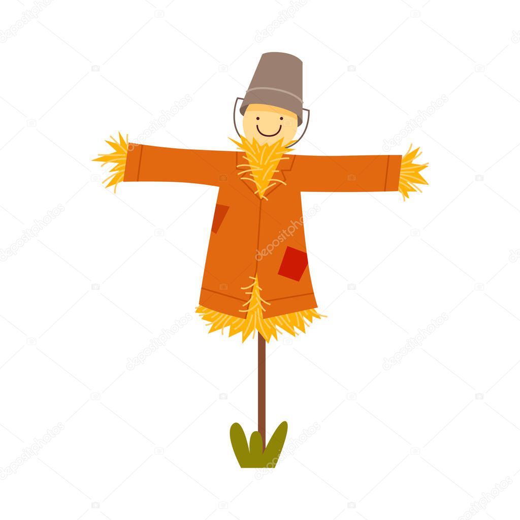 Straw Scarecrow Wearing Patched Coat and Bucket Vector Illustration
