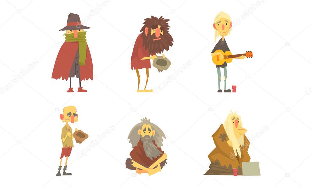 Homeless Bearded Man Characters in Rags Living on the Streets Looking Shabby and Hungry Vector Set