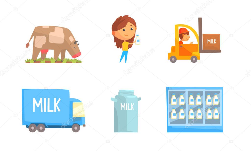 Milk Production with Cow Grazing on the Field and Merchandise Shelf with Dairy Product Vector Set