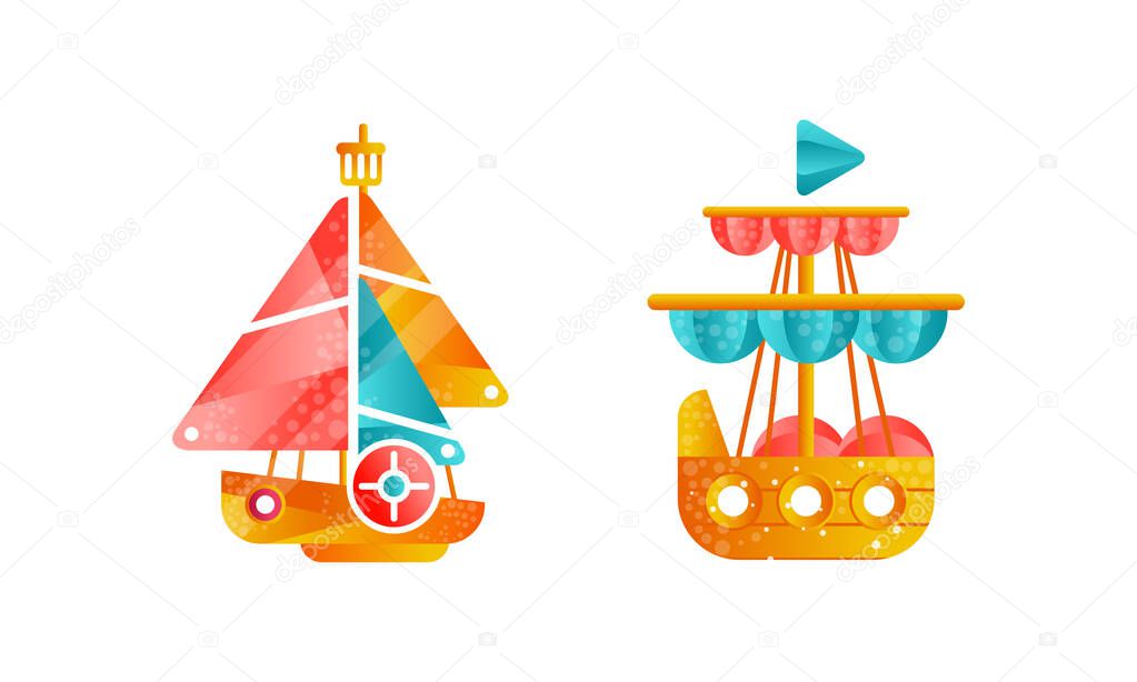 Set of Sailing Ships with White and Red Sails, Ocean or Marine Transport Flat Vector Illustration