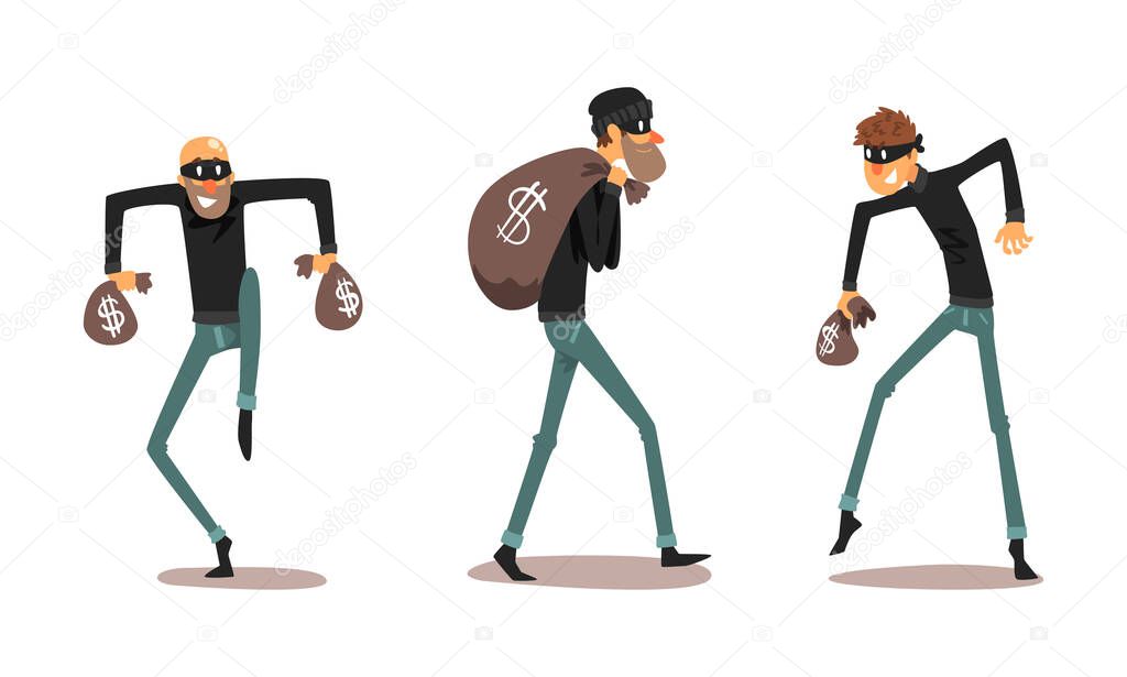 Robber Characters Set, Male Thieves Dressed Black Clothing in Masks Stealing Money Cartoon Vector Illustration