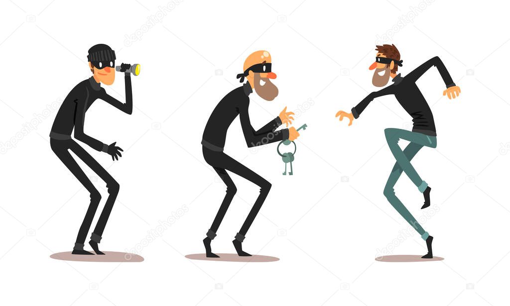 Robber Characters Set, Male Burglars Dressed Black Clothing in Masks Committing Crime Cartoon Vector Illustration