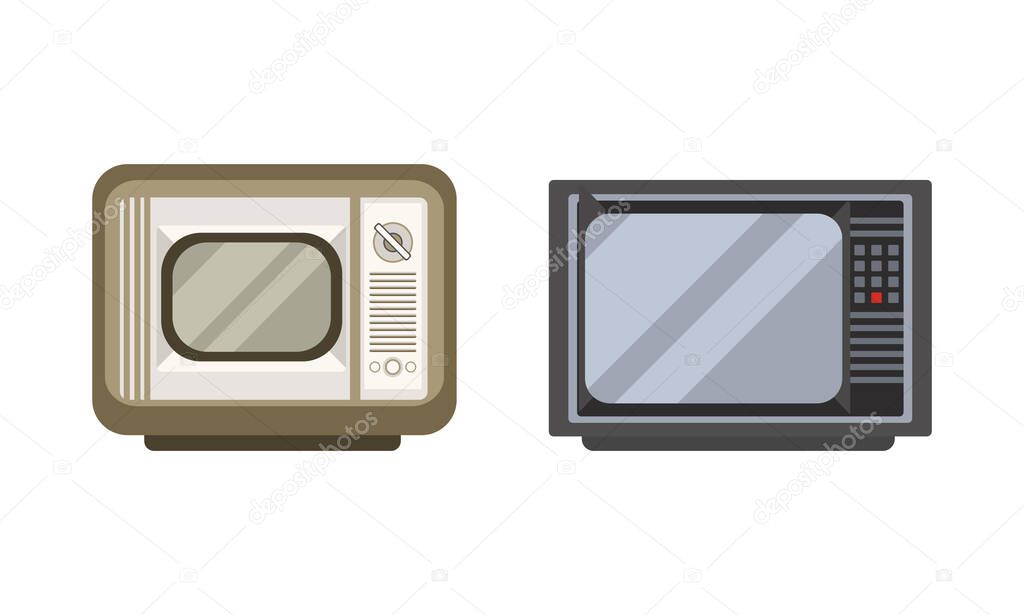 Retro Television Set, Fron View of Analogue Old Obsolete TV Flat Vector Illustration