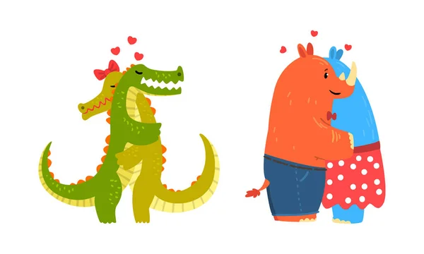 Animal Couples in Love Set, Cute Romantic Rhinoceros and Crocodile Characters Hugging Cartoon Vector Illustration — Stock Vector