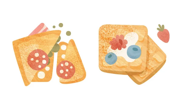 Friska Frukost Måltider Set, Klassisk meny med smörgås och våffla tecknad vektor Illustration — Stock vektor