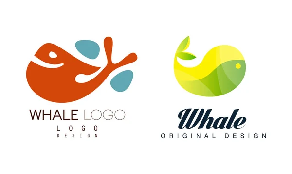 Conjunto original do projeto do logotipo da baleia, Sealife, ilustração plana do vetor das etiquetas da aventura do verão — Vetor de Stock