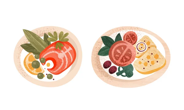Comida servida en el set de platos, platos de comida tradicional saludable con pescado de salmón, filete de carne y verduras frescas ilustración vectorial de dibujos animados — Vector de stock