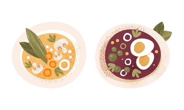 Sopa servida en platos, platos de comida tradicional saludable con ilustración de vectores de dibujos animados — Archivo Imágenes Vectoriales