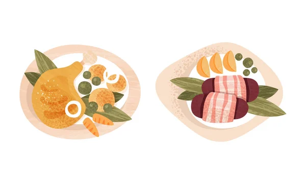 Comida servida en el set de platos, platos de comida tradicional saludable, muslo frito y cubo con ilustración de vectores de dibujos animados de patata — Vector de stock