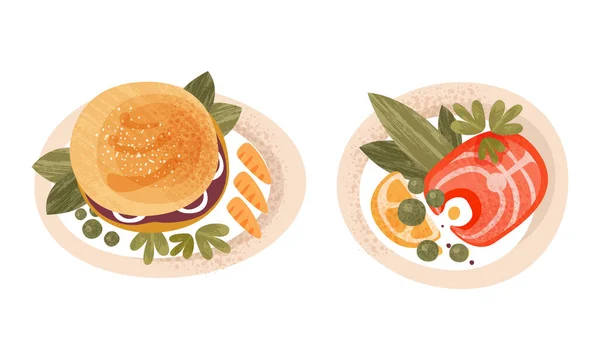Comida servida en el set de platos, platos de comida tradicional saludable, hamburguesa y pescado de salmón con verduras ilustración vectorial de dibujos animados — Vector de stock