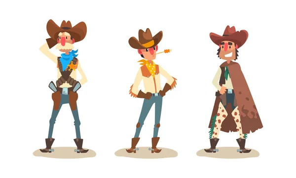 Cowboy personagens vestidos roupas tradicionais, Wild West conceito Cartoon Vector Ilustração —  Vetores de Stock