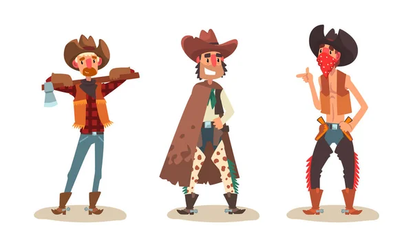 Personaggi cowboy divertenti nei vestiti tradizionali, Illustrazione vettoriale del cartone animato Wild West Concept — Vettoriale Stock