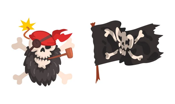 海賊頭蓋骨と旗セット、バックカニアシンボル漫画ベクトルイラスト — ストックベクタ