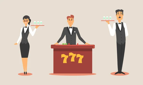 Casino Workers Set, Waiters and Croupier Characters Vector Illustration — Stock Vector