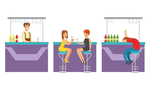 Οι άνθρωποι πίνοντας ποτά αλκοόλ στο μπαρ, bartender εξυπηρετούν τους επισκέπτες εικονογράφηση διάνυσμα κινουμένων σχεδίων — Διανυσματικό Αρχείο