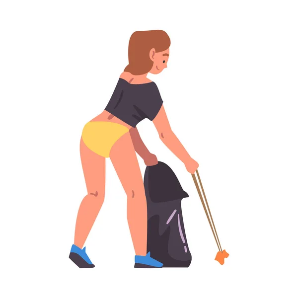 Menina voluntária coletando lixo em saco na praia, poluição da natureza, conceito de proteção ecológica ilustração do vetor dos desenhos animados — Vetor de Stock