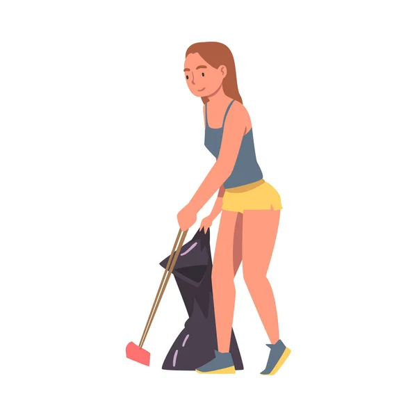 Menina voluntária coletando lixo em saco na praia, conceito de proteção ecológica ilustração do vetor dos desenhos animados — Vetor de Stock