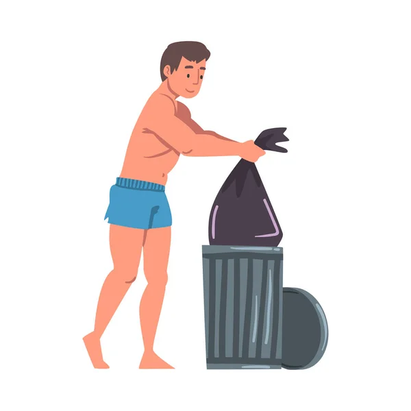Jonge man in badmode vuilnis buiten verzamelen, vervuiling van de natuur, ecologiebescherming concept tekenfilm vectorillustratie — Stockvector
