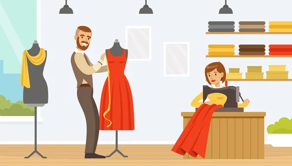 Dressmaker masculino creando vestido, sastre trabajando en Atelier Vector Illustration — Vector de stock