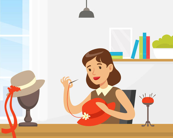 Woman Designer Making Hats, Craft Hobby or Profession Vector Illustration