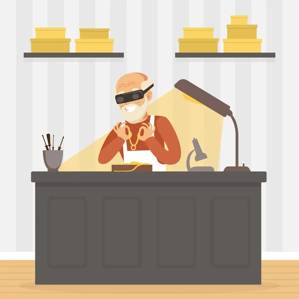 Male Jeweler Making Jewelry at Workplace, Craft Hobby or Profese Vector Illustration — Stockový vektor