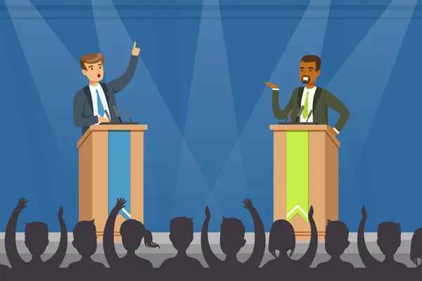 Leaders of Opposing Political Parties Talking on Public Debates, Politicians Standing Behind Rostrum and Giving Speech Vector Illustration — Stock Vector