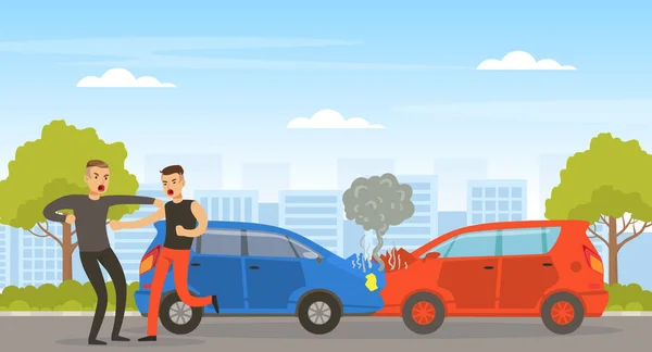 Konflikt między dwoma kierowcami samochodów na ulicy, Agresywni mężczyźni kłócący się na wektor drogowy Ilustracja — Wektor stockowy