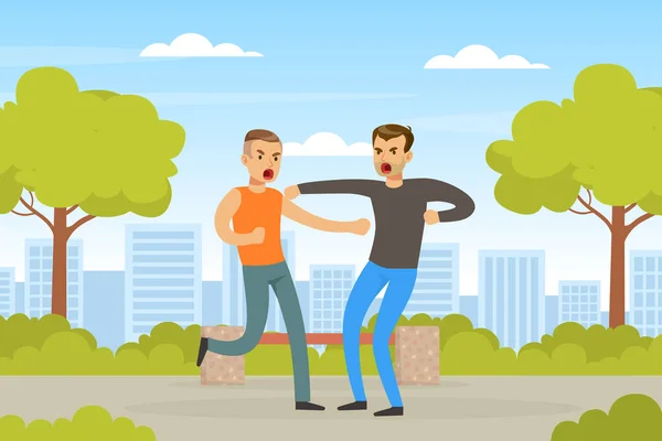 Two Angry Men Arguing and Fighting Outdoors, Human Relations, Quarrel or Conflict between Two People Vector Illustration — Stock Vector
