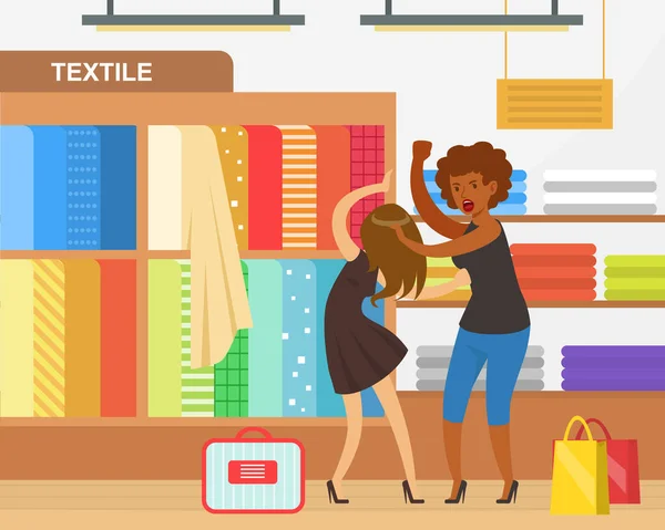 Meisjes vechten bij Textile Department Store, twee woedende vrouw ruziën tijdens de verkoop in het winkelcentrum Vector Illustratie — Stockvector