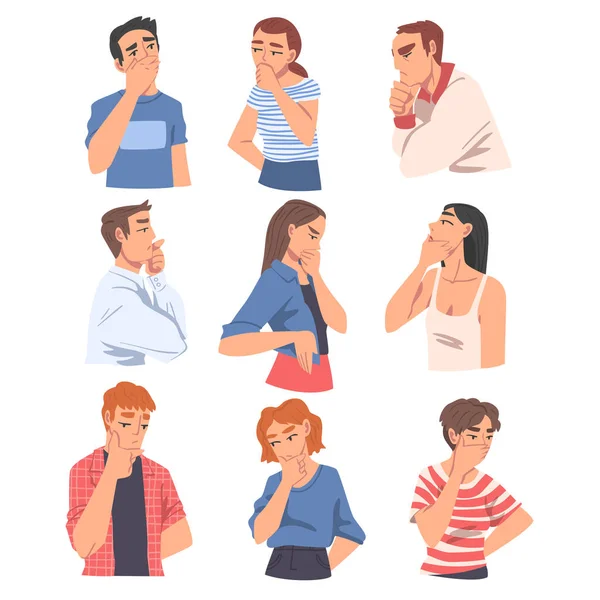 Jongeren denken of oplossen van problemen Set, Portretten van doordachte mannen en vrouwen met Pensive Face Expression Cartoon Vector Illustratie — Stockvector