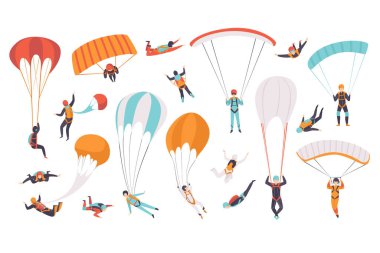 Paraşüt Seti, Ekstrem Spor, Paraşüt, Paragliding ve Paraşüt Konsepti Çizgi Film Vektörü İllüzyonu ile Uçan Paraşütçüler