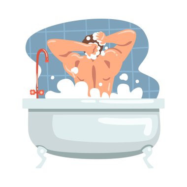 Küvette yıkanan genç erkek saçlarını ve vücudunu şampuan vektörüyle yıkıyor.