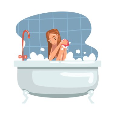 Genç Kadın Küvette Banyo Yapıyor Vücudunu Sabun ve Duş Kabartıcısı İllüstrasyonuyla Yıkıyor