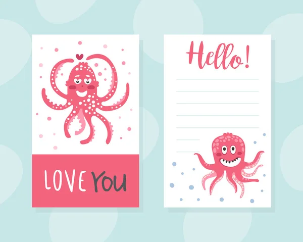 Шаблон пригласительной карты с милым розовым осьминогом, приглашением, векторной иллюстрацией дизайна поздравительной открытки — стоковый вектор