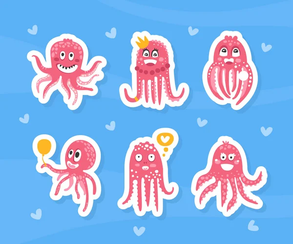 Коллекция наклеек осьминога, милые розовые персонажи осьминога с векторной иллюстрацией смешных лиц — стоковый вектор