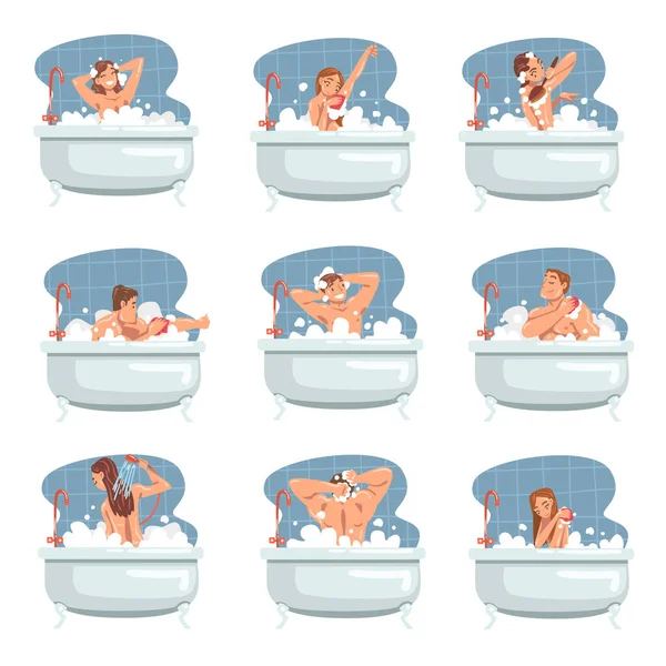お風呂に入浴する人たち石鹸とシャワーパフで体をこすりつけるベクトルイラストセット — ストックベクタ