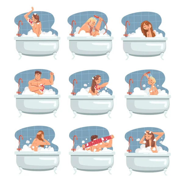 Personajes de la gente bañándose en la bañera fregando su cuerpo con jabón y ducha Puff Vector Illustration Set — Vector de stock