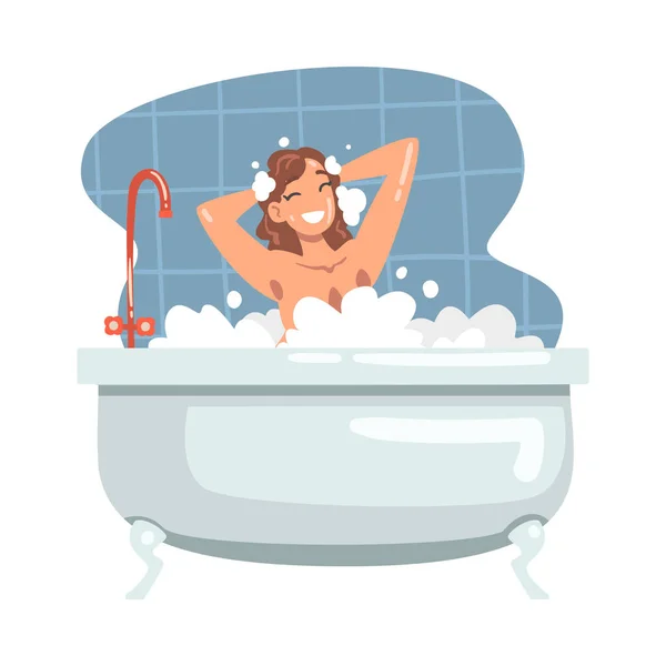 Jong vrouwelijk zwemmen in de badkuip wassen haar haar en lichaam met shampoo vector illustratie — Stockvector