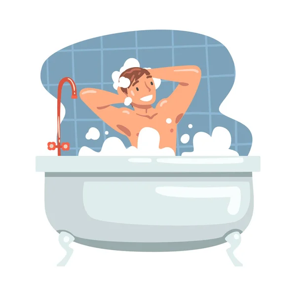 Joven Hombre Bañándose en la Bañera Lavándose el Cabello y el Cuerpo con Champú Vector Illustration — Vector de stock