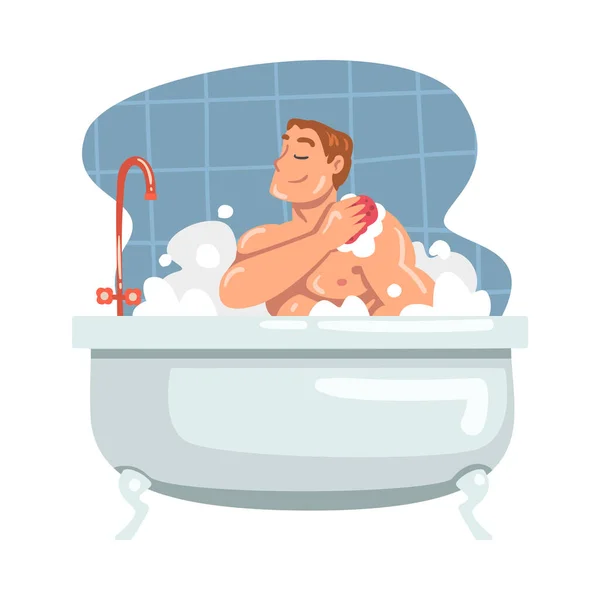 Jong man baden in de badkuip wassen haar lichaam met zeep en douche Puff vector illustratie — Stockvector