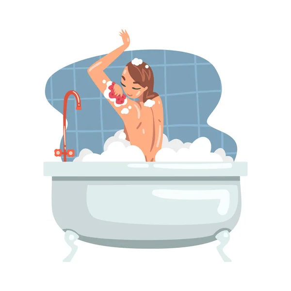 Joven mujer bañándose en la bañera lavando su cuerpo con jabón y ducha Puff Vector Ilustración — Vector de stock