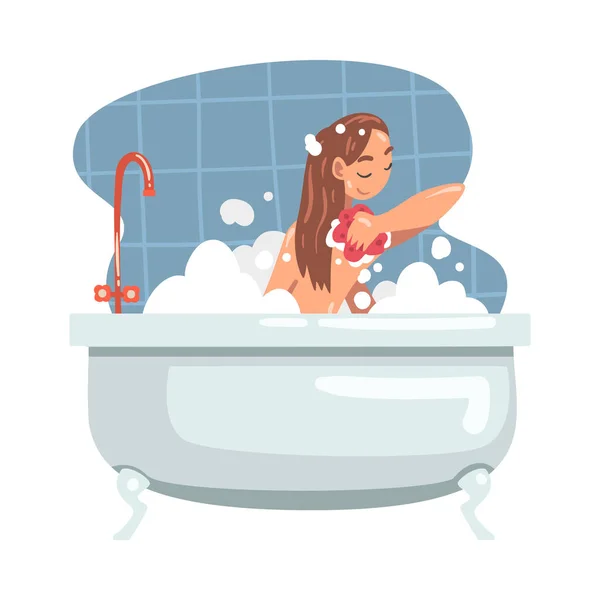 Joven mujer bañándose en la bañera lavando su cuerpo con jabón y ducha Puff Vector Ilustración — Vector de stock