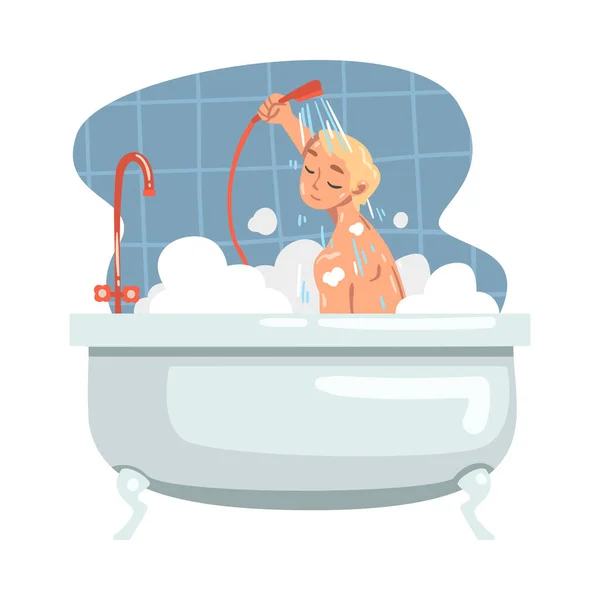 Joven hombre bañándose en la bañera sosteniendo la cabeza de la ducha lavando su cuerpo y cabello Vector ilustración — Vector de stock